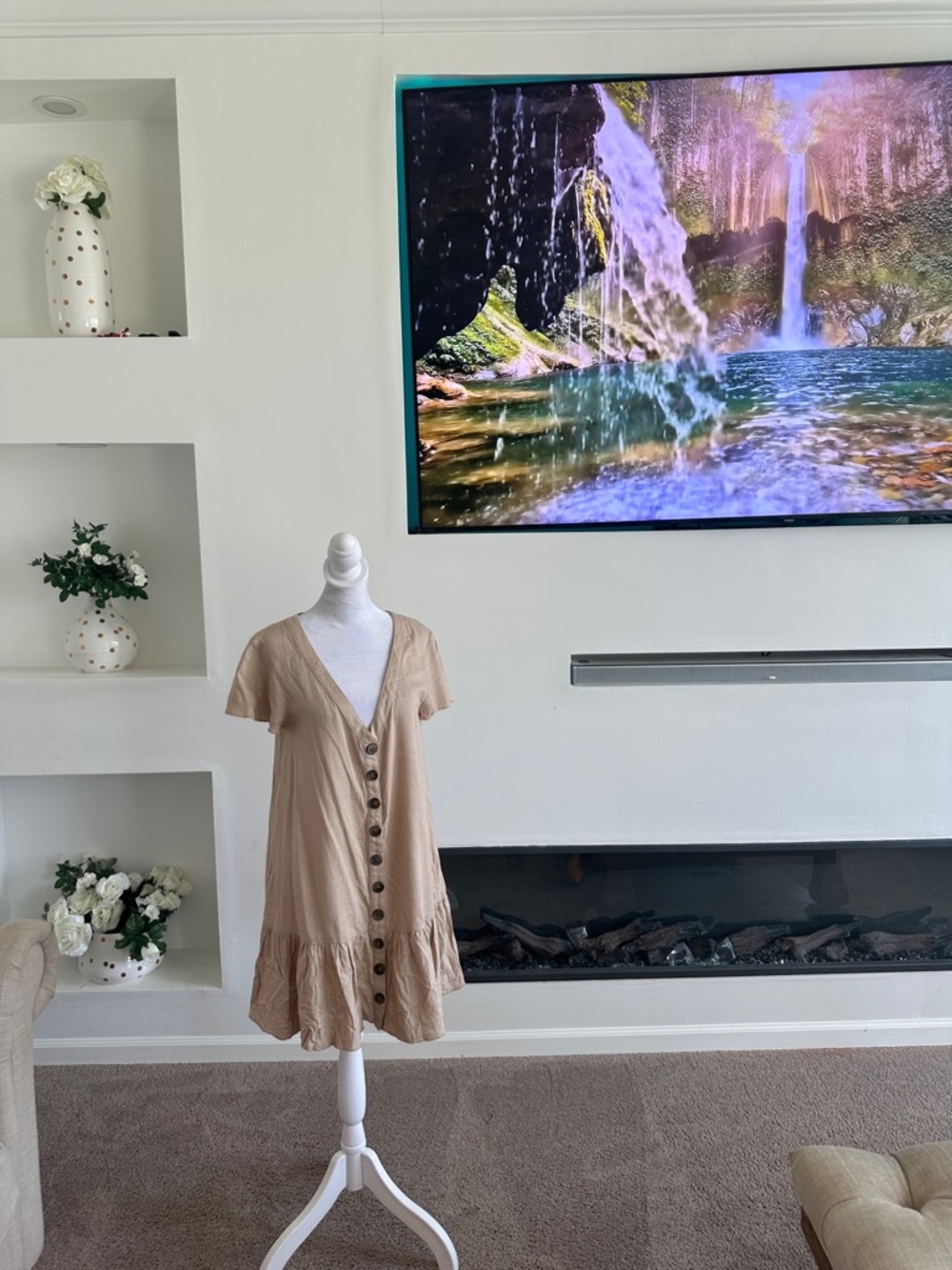 Skylar + Madison Beige Button-Down V-Neck Mini Dress